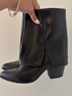 Sun + Stone Black Leather Mid-Calf Block Heel Boots